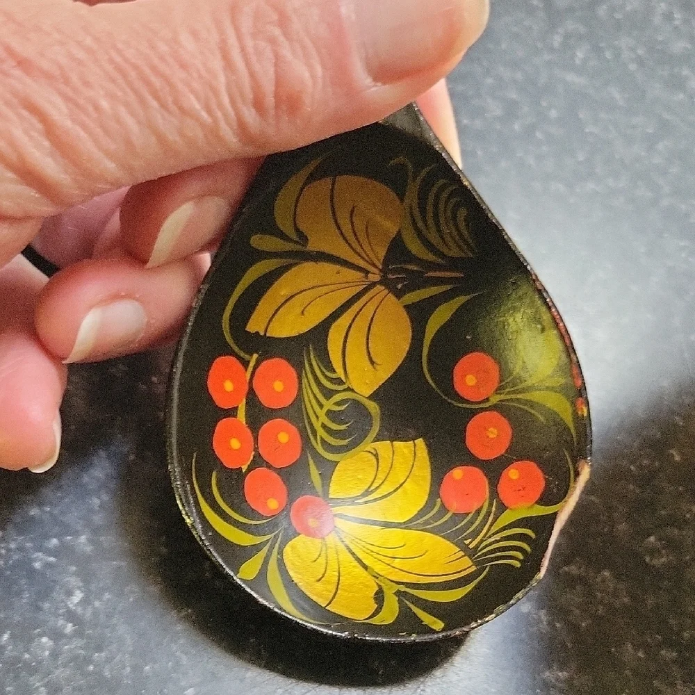 Russian Ukrainian Handcrafted Handpainted Yellow Black Flowers Bowl Spoon Wooden